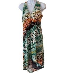 Shoreline Women's Halter Maxi Dress Animal Print Gold Metallic Accents